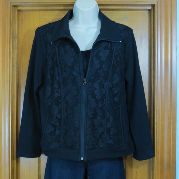 Laura Ashley Black Jacket Lace Zip Size Petite Large - Picture 5 of 10